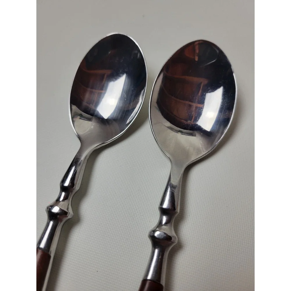 2 Chefs Bistro Place Oval Soup Spoons Woodgrain Brown 18/8 Stainless Steel 7.75